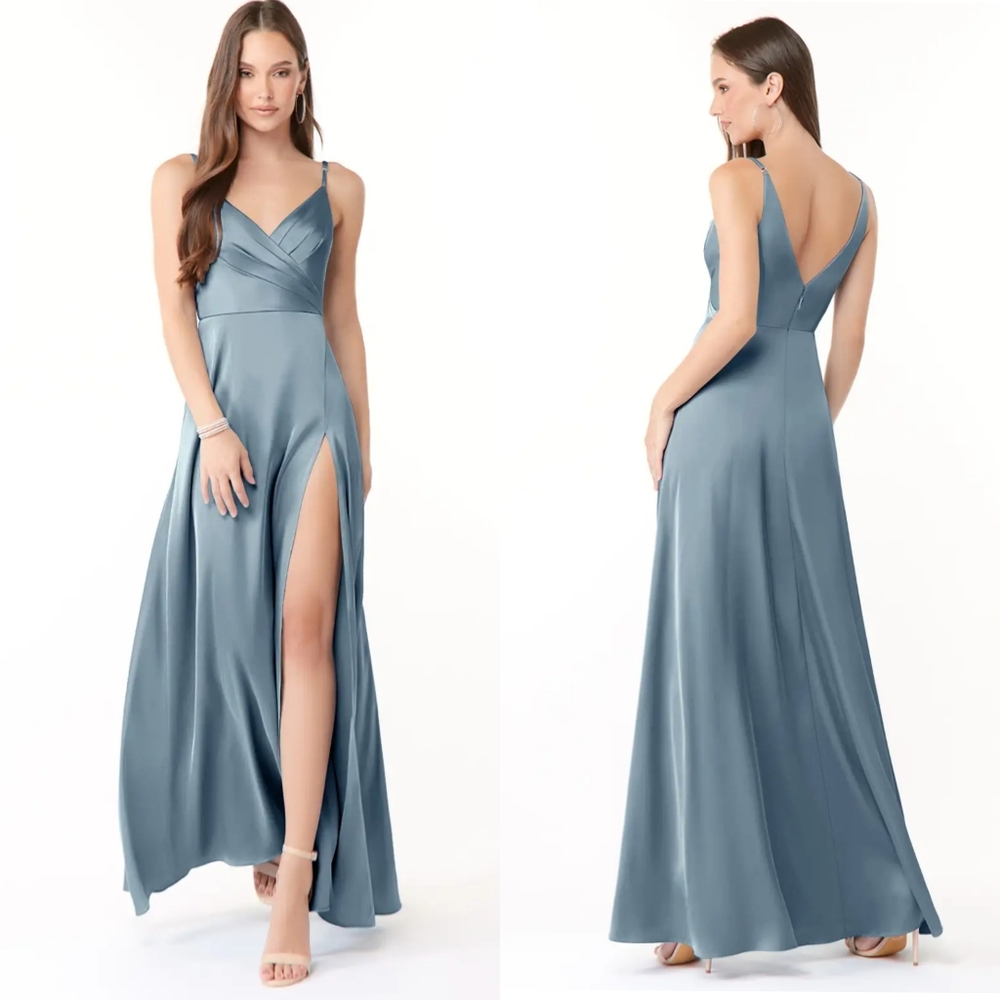 Azazie Dusty Blue Dalilah Satin Bridesmaids Full Length Dress Size A8